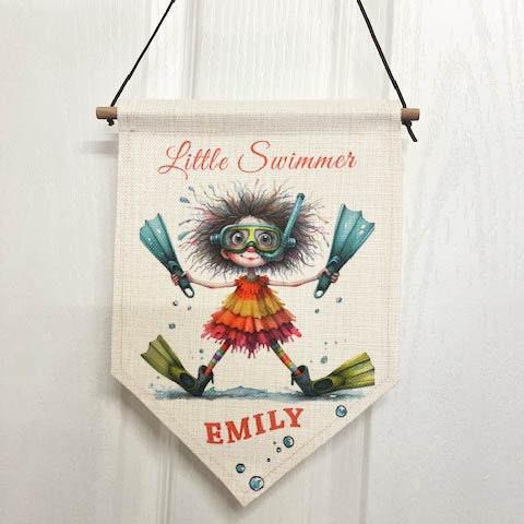 Personalised Little Swimmer Room Decor Flag, Swimming Pennant, Swimming Baths Bedroom Decor, Water Lover, Little Girls Bedroom Water Baby