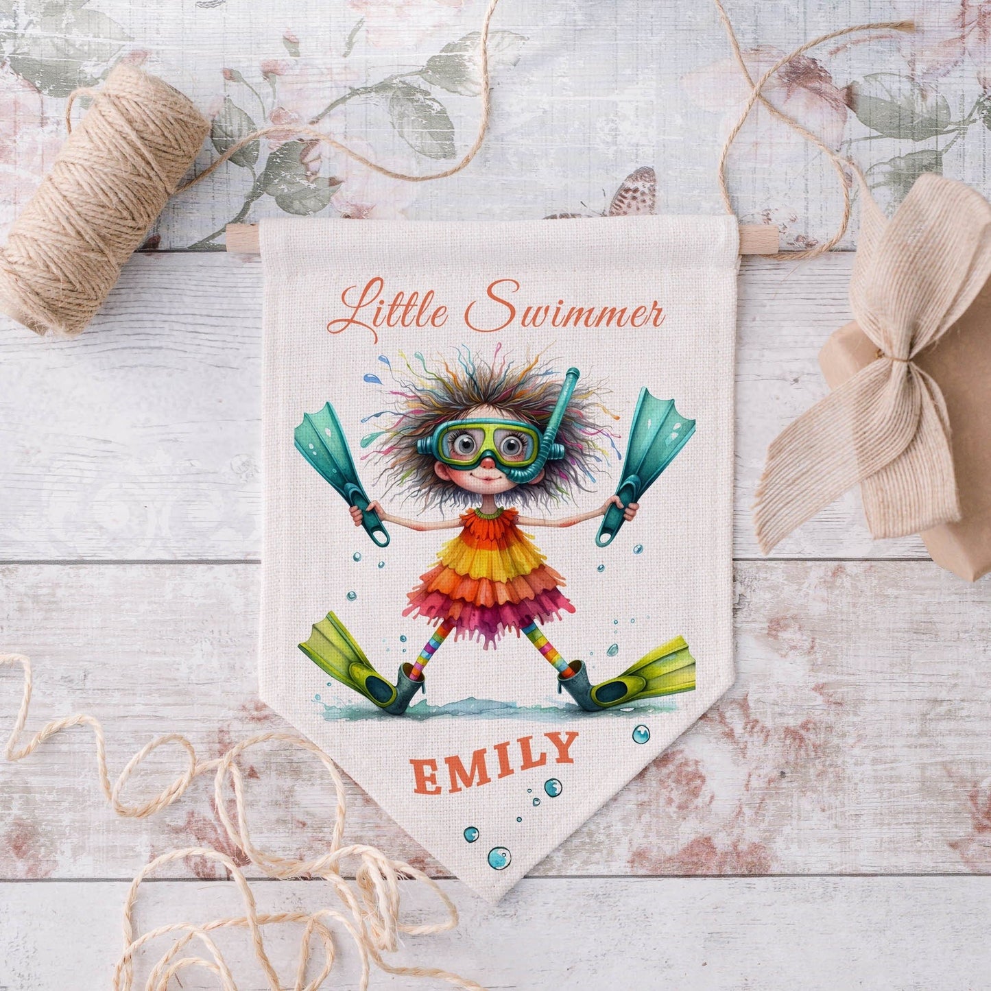 Personalised Little Swimmer Room Decor Flag, Swimming Pennant, Swimming Baths Bedroom Decor, Water Lover, Little Girls Bedroom Water Baby