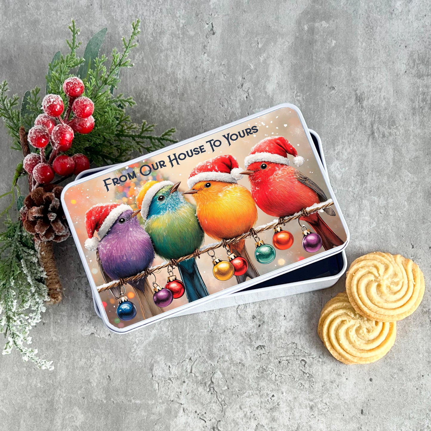 Personalised From Town, City, House Christmas Birds Robin Treat Tin, Family Gift, Neighbour Gift, Our House To Yours Gift Tin, Sweet Tin,