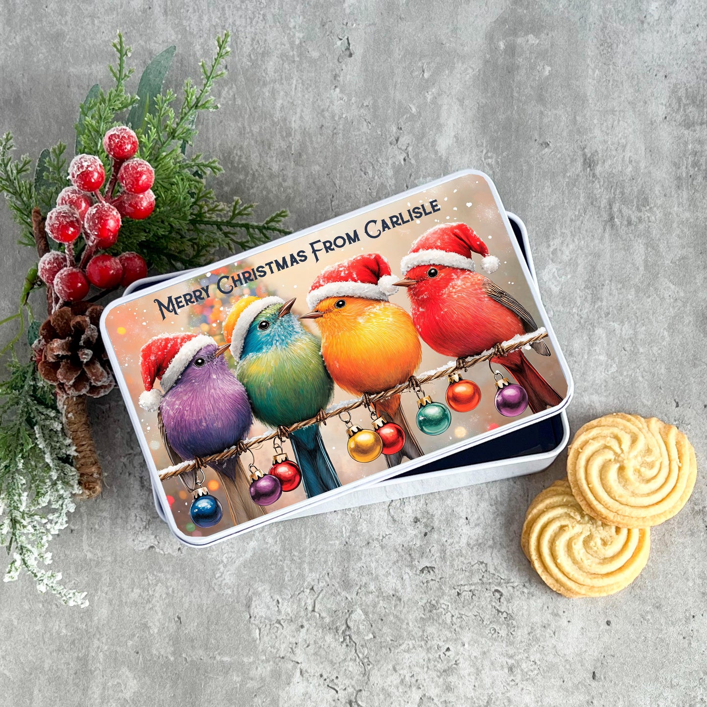 Personalised From Town, City, House Christmas Birds Robin Treat Tin, Family Gift, Neighbour Gift, Our House To Yours Gift Tin, Sweet Tin,