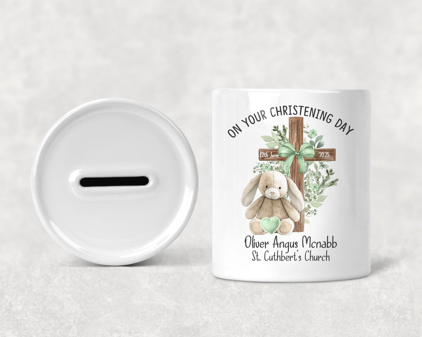Personalised Christening Ceramic Bear Money Box Traditional Baptism, Cross Keepsake Christening Gift, Girls and boys Pink, Blue, Green