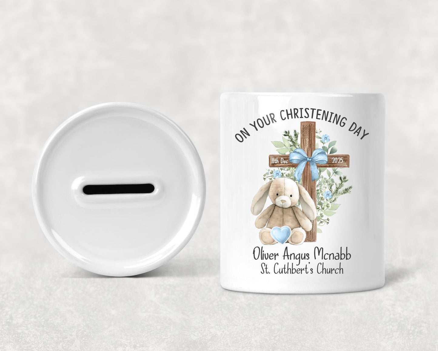 Personalised Christening Ceramic Bear Money Box Traditional Baptism, Cross Keepsake Christening Gift, Girls and boys Pink, Blue, Green