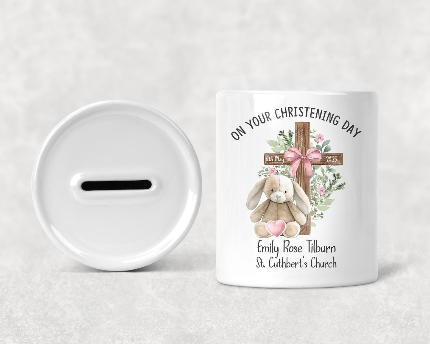 Personalised Christening Ceramic Bear Money Box Traditional Baptism, Cross Keepsake Christening Gift, Girls and boys Pink, Blue, Green