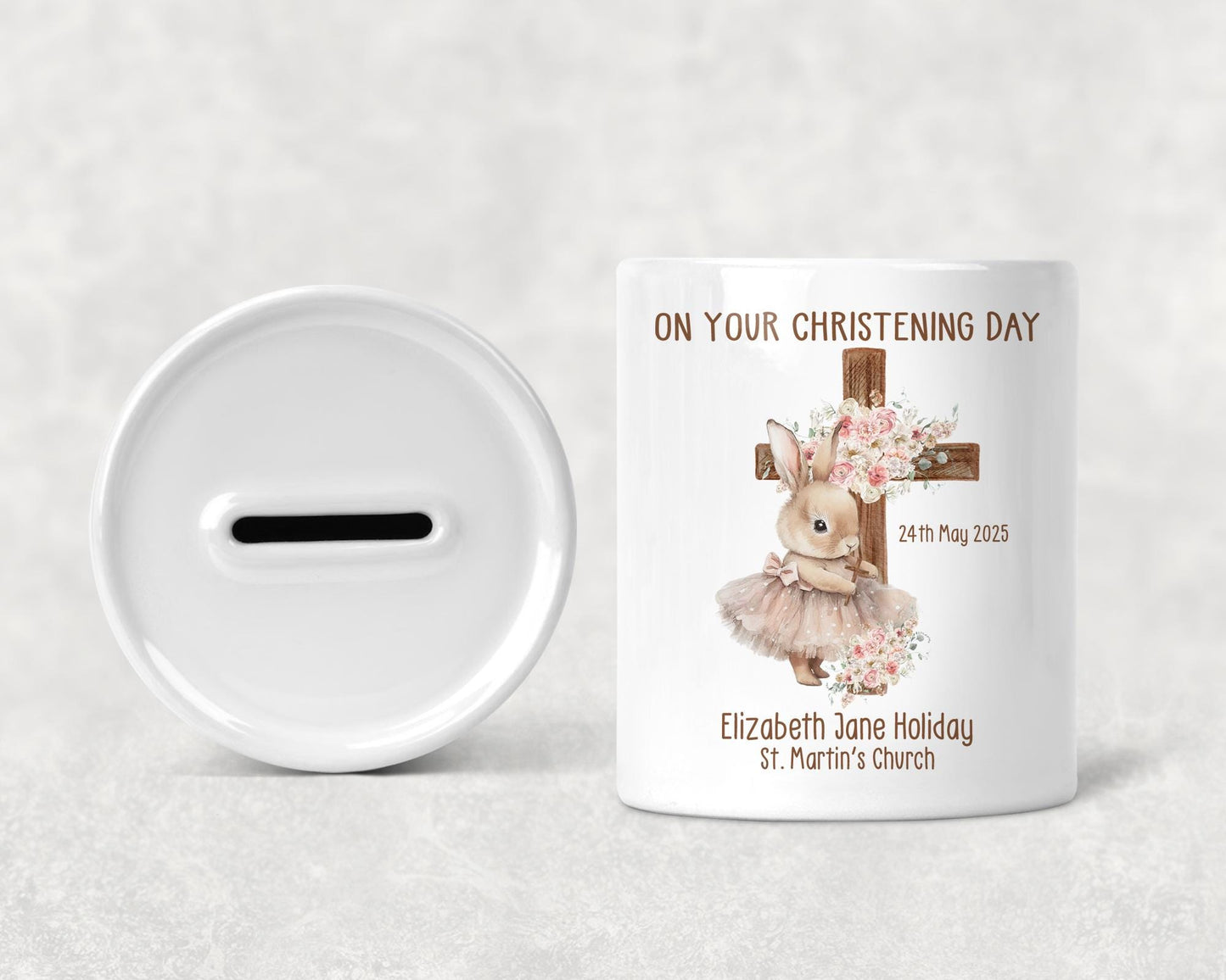 Personalised Christening Ceramic Tu Tu Rabbit Money Box Traditional Baptism, Cross Keepsake Christening Gift, Girls Rabbit Christening Gift
