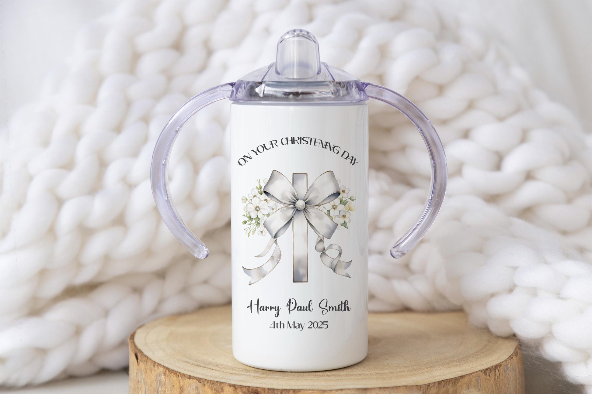 Christening Bow, Baptism, Naming Day Gift Sippy Cup