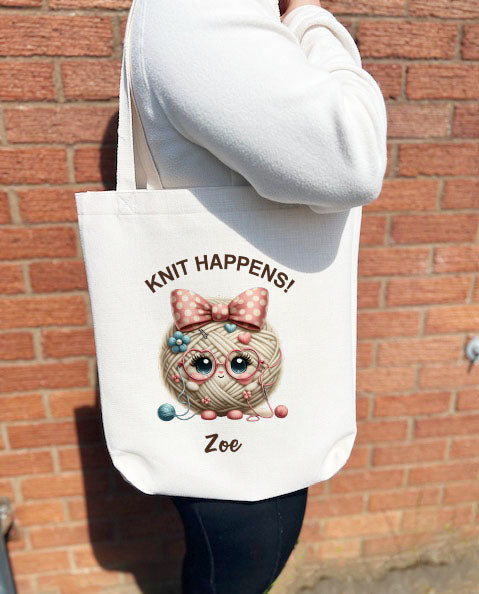 Personalised 'Knit Happens' Linen Tote Bag