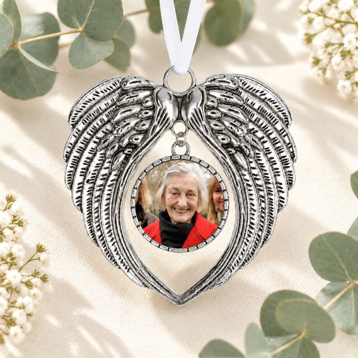 Personalised memorial angel wings photo decoration