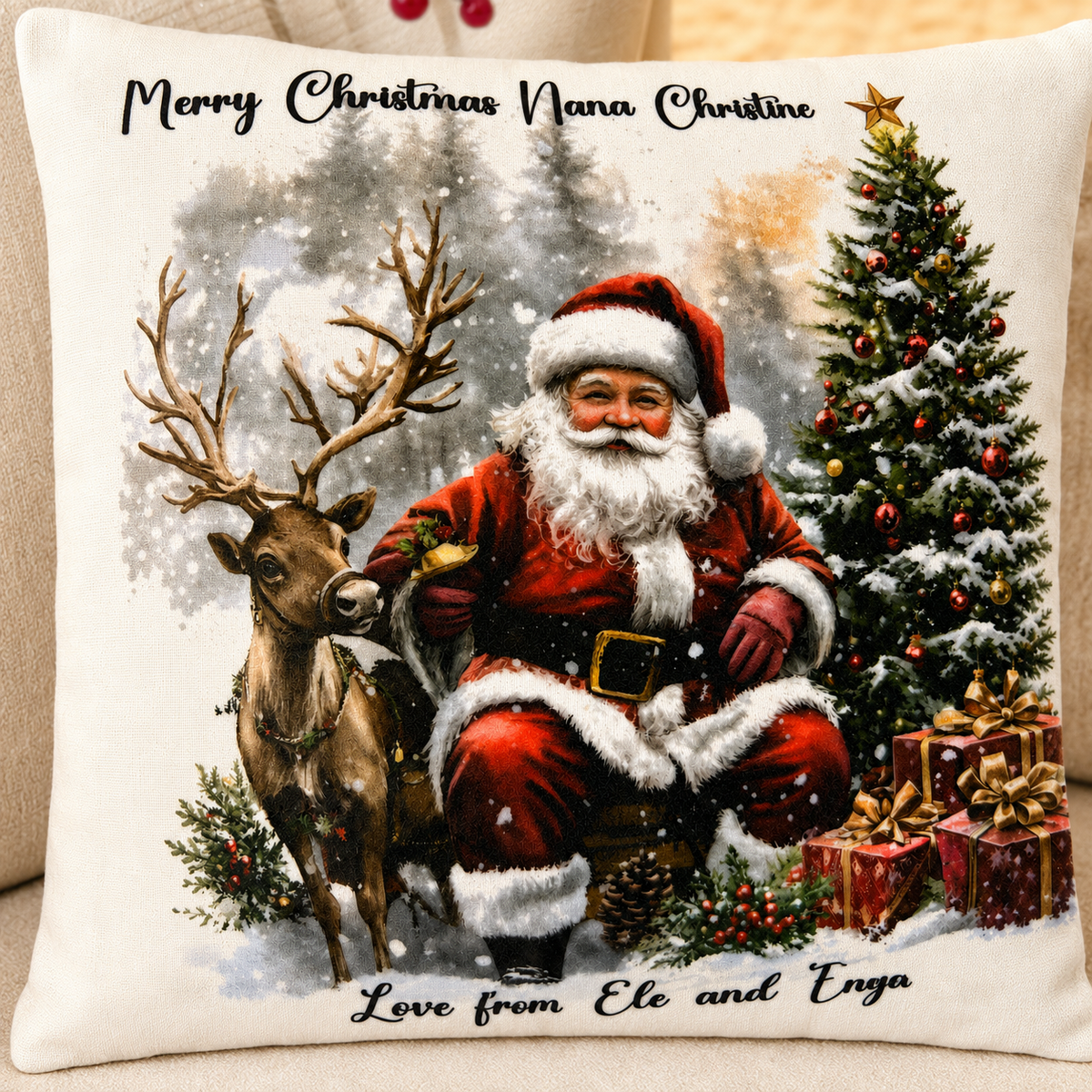 Personalised Santa Christmas Cushion – Red & White