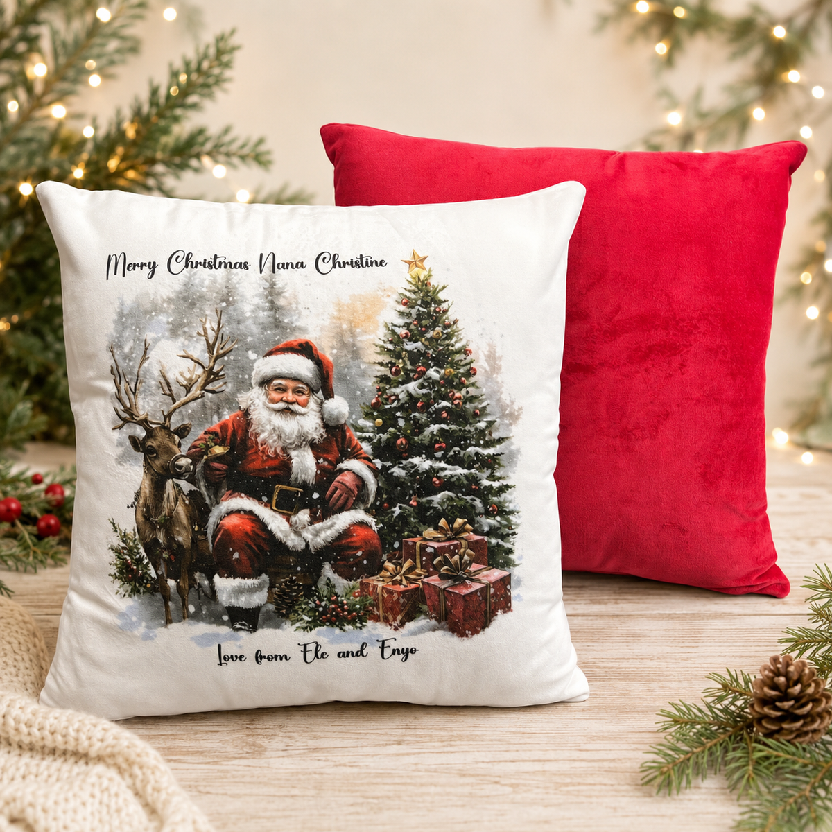 Santa Christmas cushion front and red reverse
